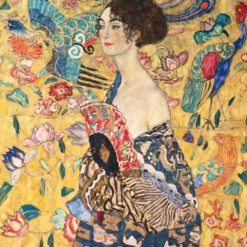 Leinwandbild Dame mit Fächer von Gustav Klimt, gelb, 50x50 cm DD123296