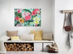 Livingwalls Leinwand, Flamingo, Tropische Pflanzen und Blumen, 90x60 cm DD120265