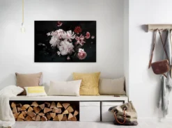 Livingwalls Leinwand, Pfingstrosen, Dunkler Hintergrund mit Blüten, 90x60 cm DD120256