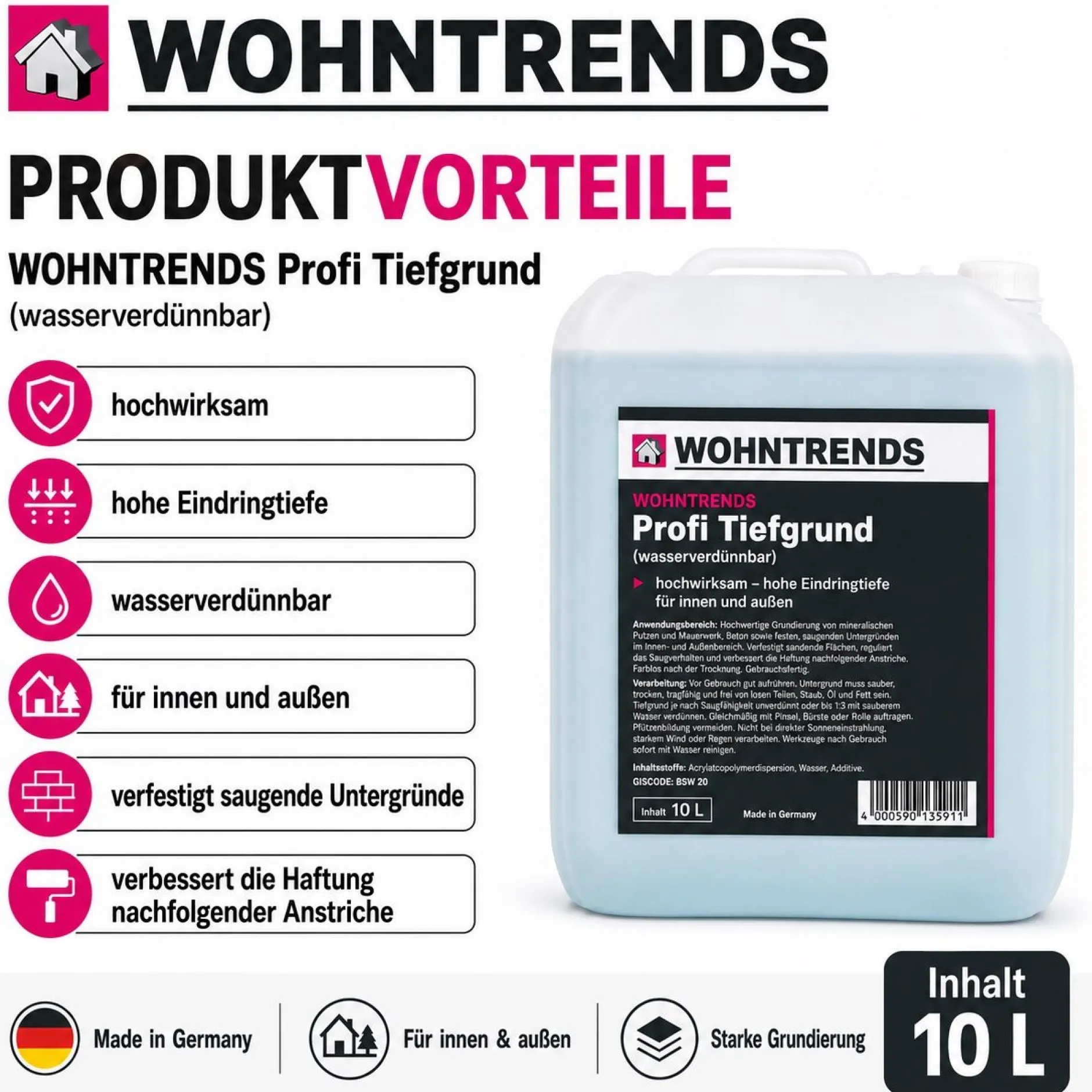 Wohntrends Profi Tiefgrund- wasserverdünnbar 10 Liter für innen & außen