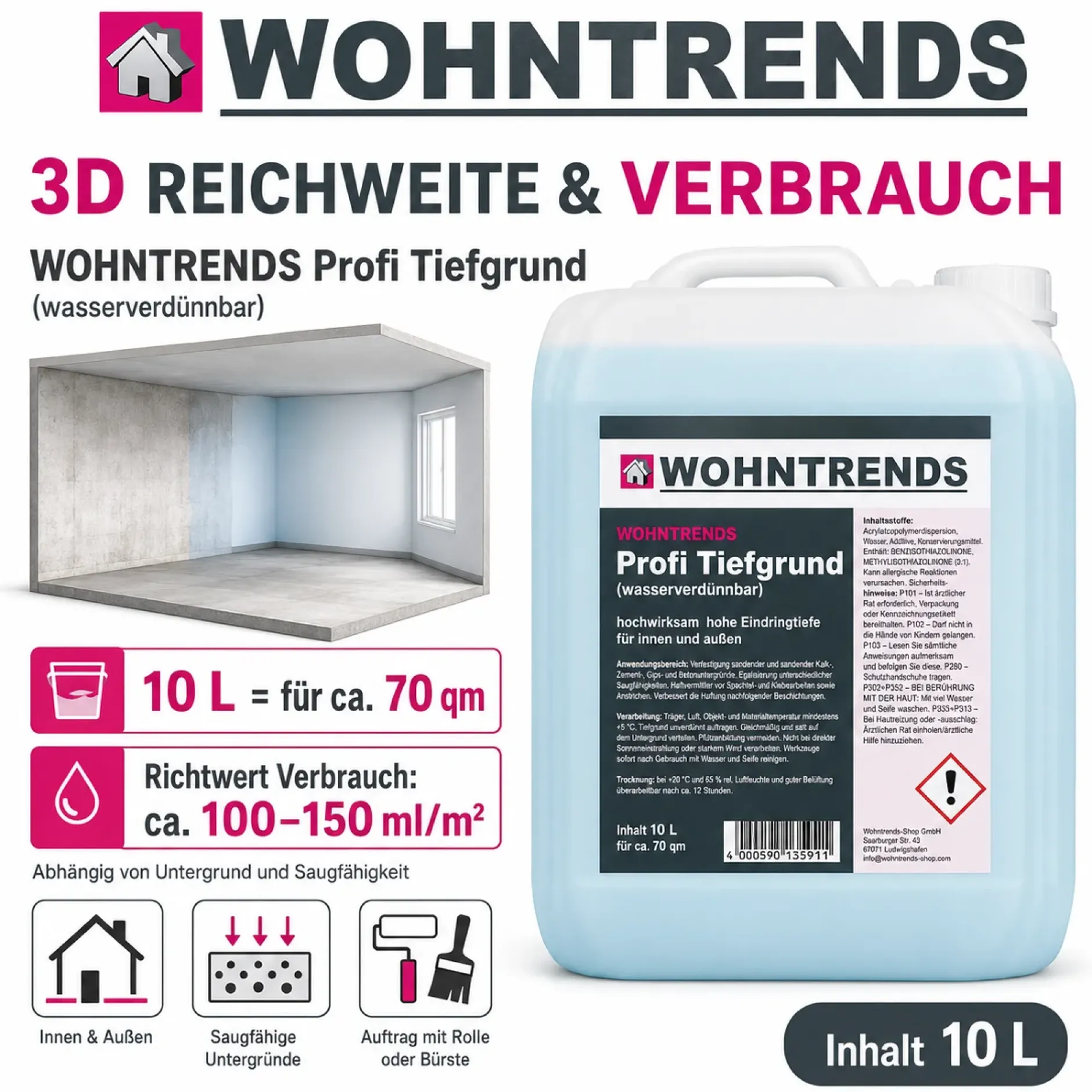 Wohntrends Profi Tiefgrund- wasserverdünnbar 10 Liter für innen & außen
