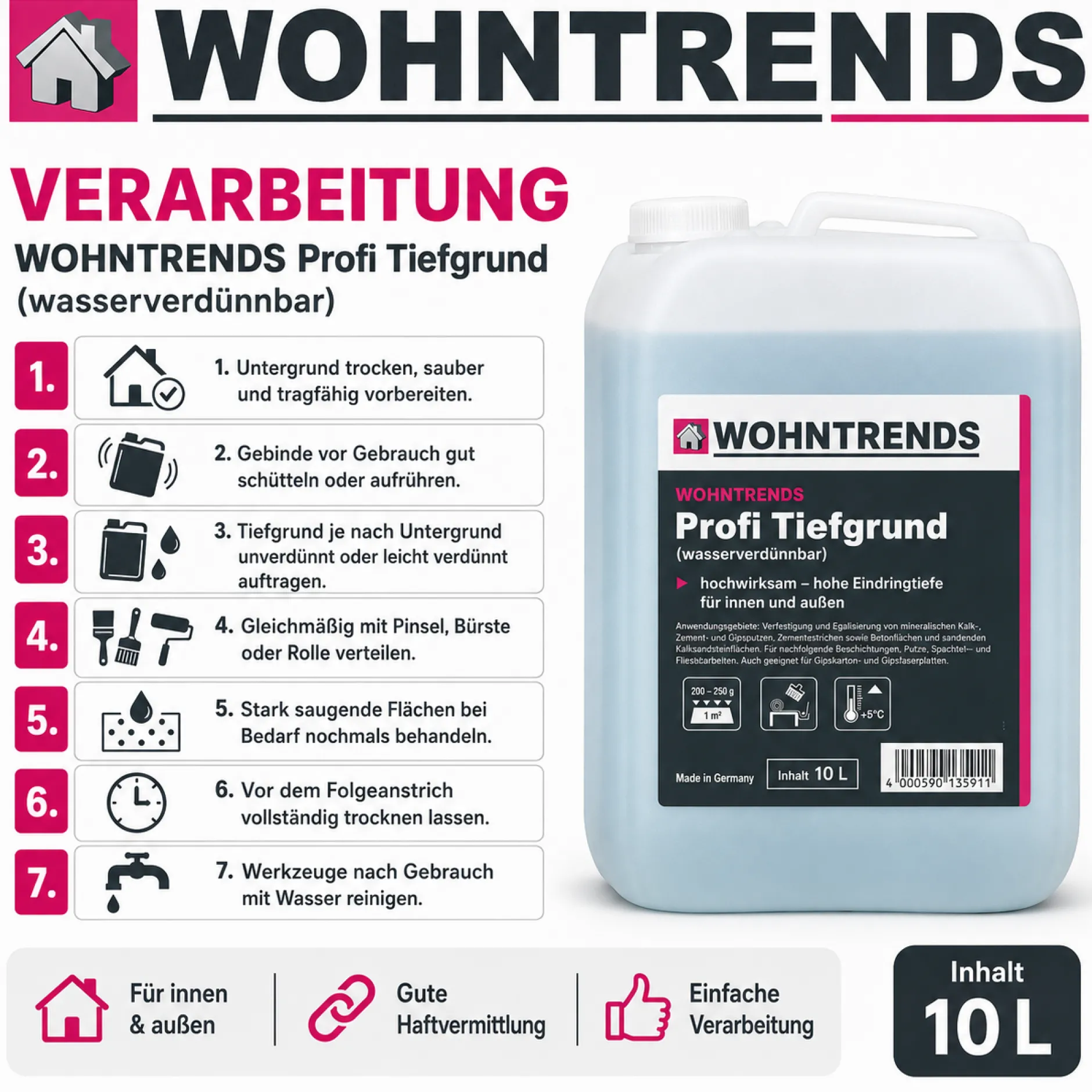 Wohntrends Profi Tiefgrund- wasserverdünnbar 10 Liter für innen & außen