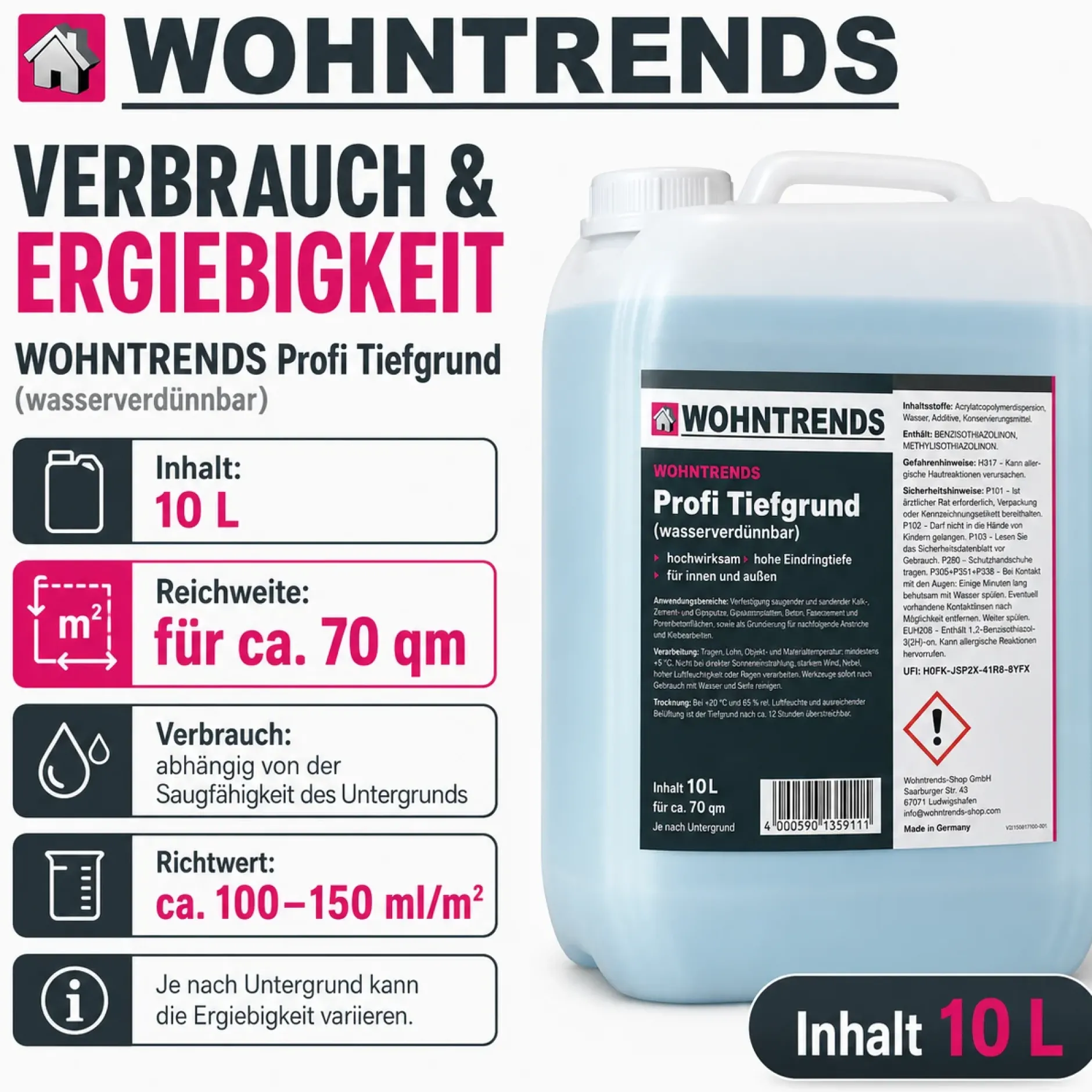 Wohntrends Profi Tiefgrund- wasserverdünnbar 10 Liter für innen & außen